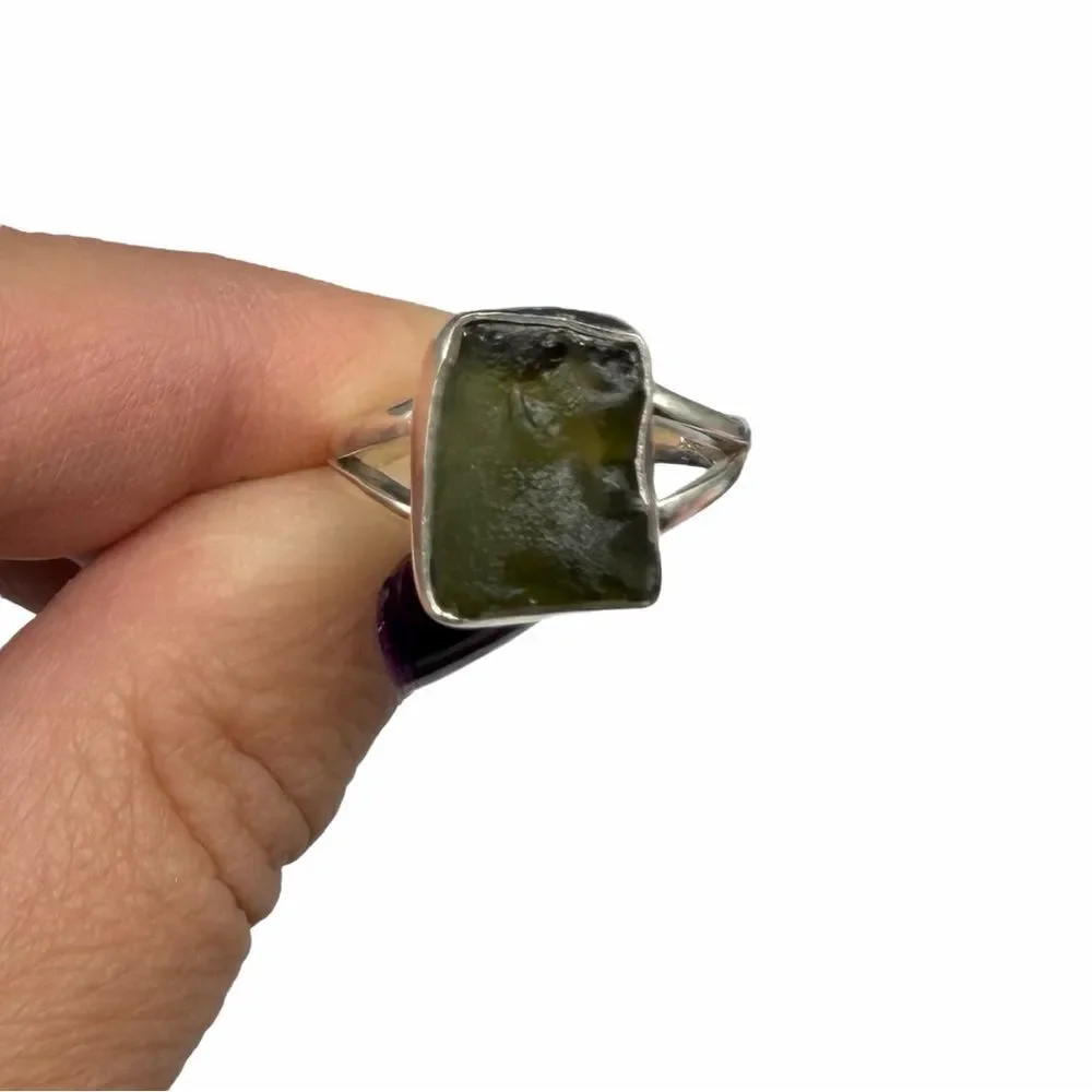 Moldavite Ring Size 8 Solid 925 Sterling Silver Natural Stone Crystal Raw Rough